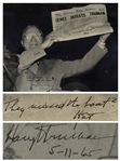Harry Truman Twice-Signed 13.25 x 10.5 Photograph, Famously Showing Truman Holding Up the Dewey Defeats Truman Newspaper -- Truman Writes They missed the boat?